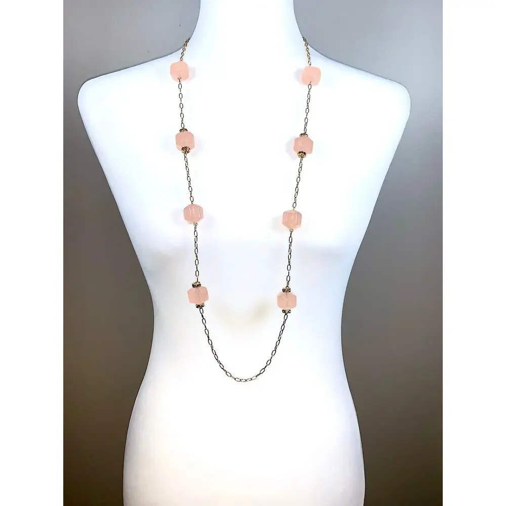 Vintage J. Crew Gold Tone Cube Faux Rose Quartz Crystal Chunky Necklace